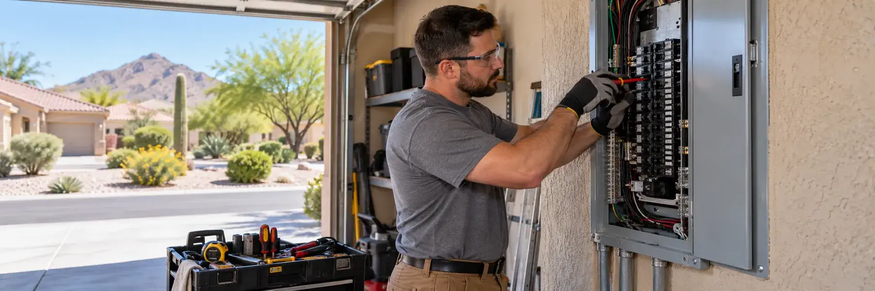 Licensed electrician working on a home electrical panel in Gilbert, Arizona