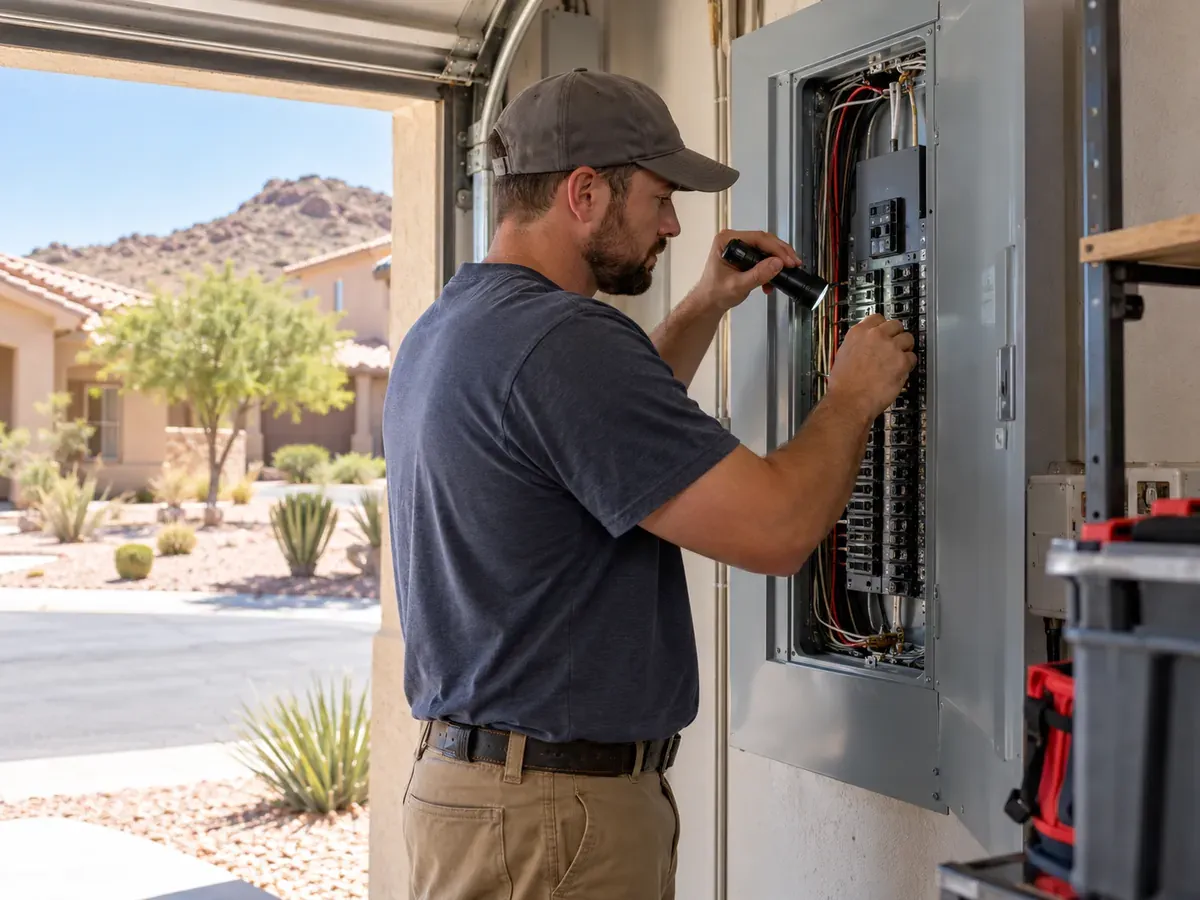 Electrician inspecting a residential breaker panel in a Gilbert garage